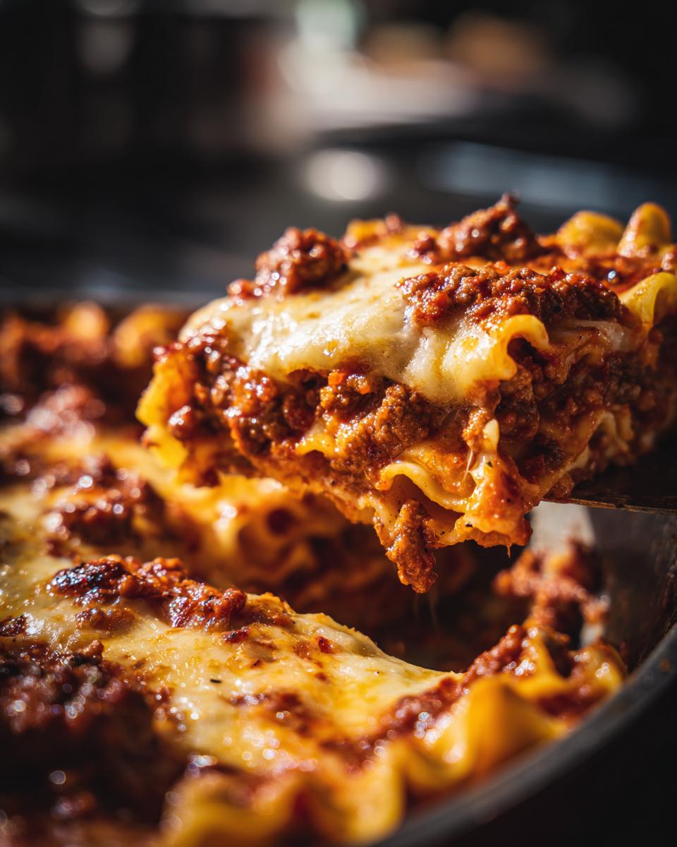 A close-up shot of a slice being lifted from a pan of easy lasagna with ricotta, showing layers of pasta, meat sauce, and melted cheese.