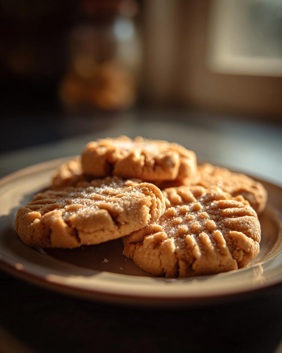 A close-up of three Easy Peanut Butter Cookies with classic fork marks, sprinkled with sugar, on a brown plate.