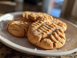 Close-up of several Easy Peanut Butter Cookies with sugar crystals on a white plate.