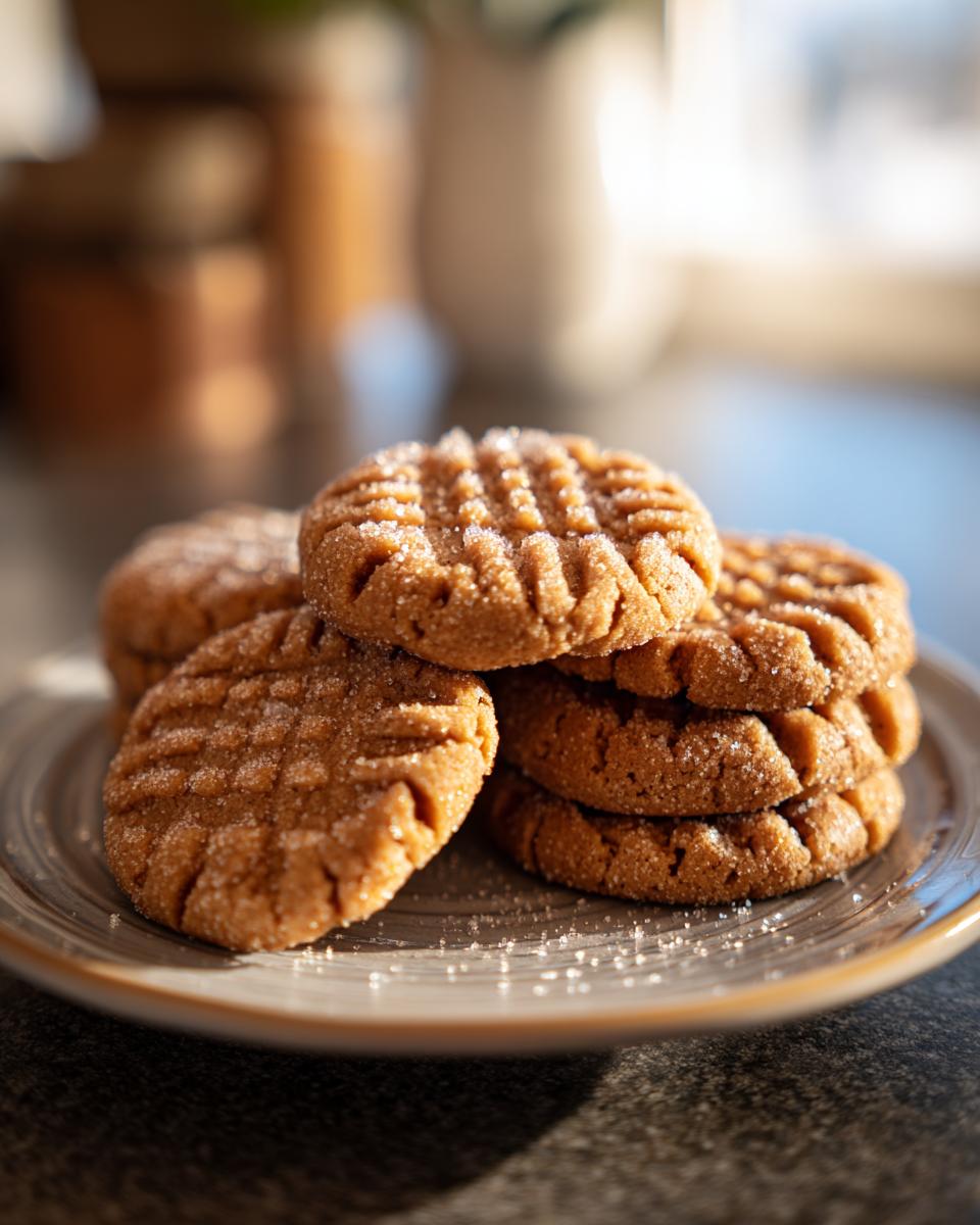 A close-up of a stack of Easy Peanut Butter Cookies, dusted with sugar and showing the classic fork pattern.