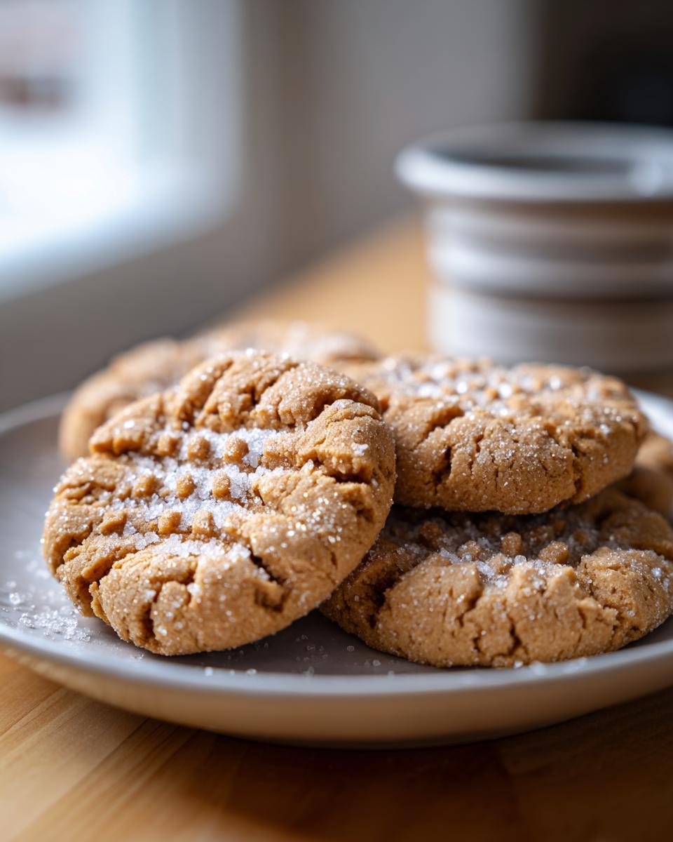Close-up of three Easy Peanut Butter Cookies on a plate, sprinkled with sugar.