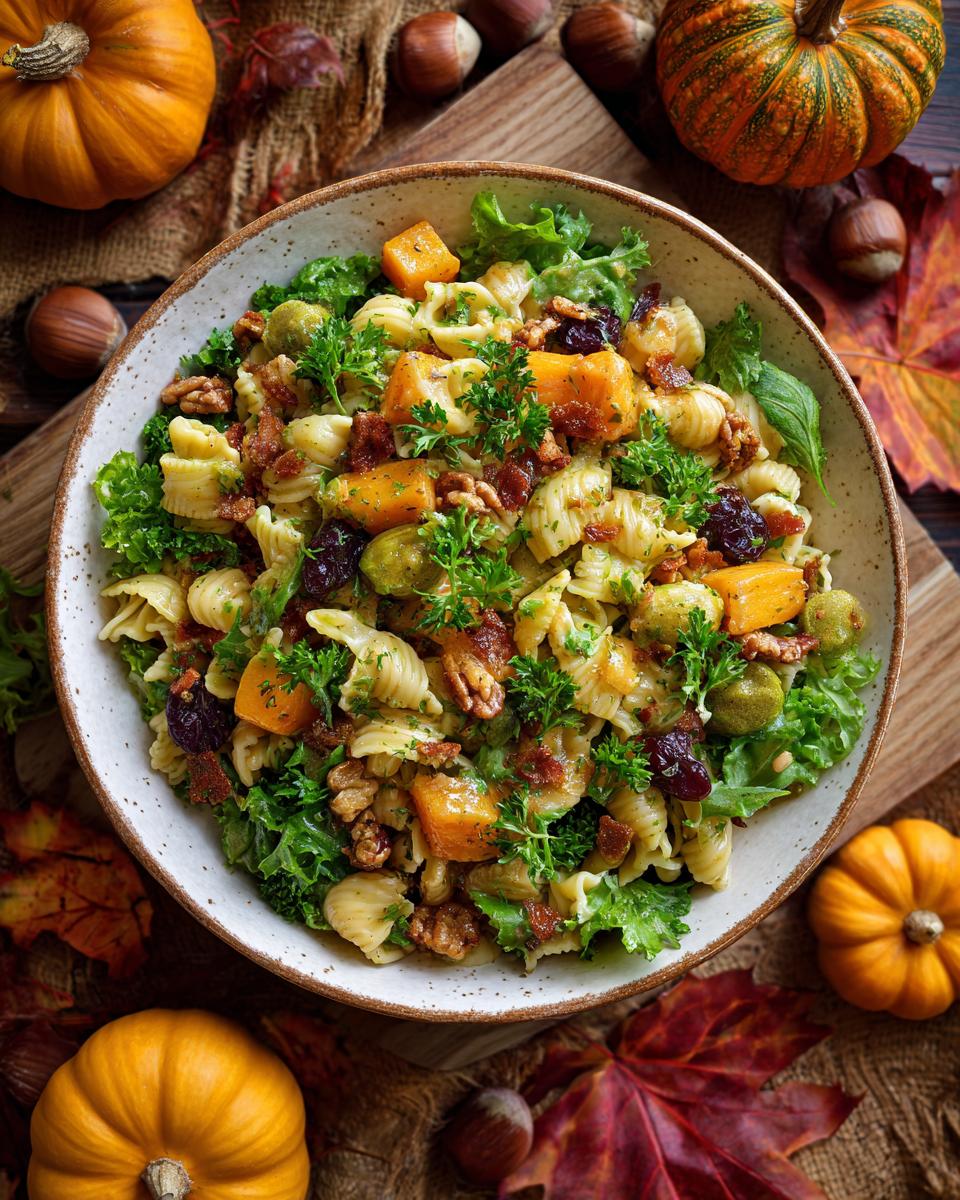 A vibrant bowl of fall pasta salad featuring pasta, roasted butternut squash, Brussels sprouts, cranberries, and walnuts, garnished with fresh parsley.