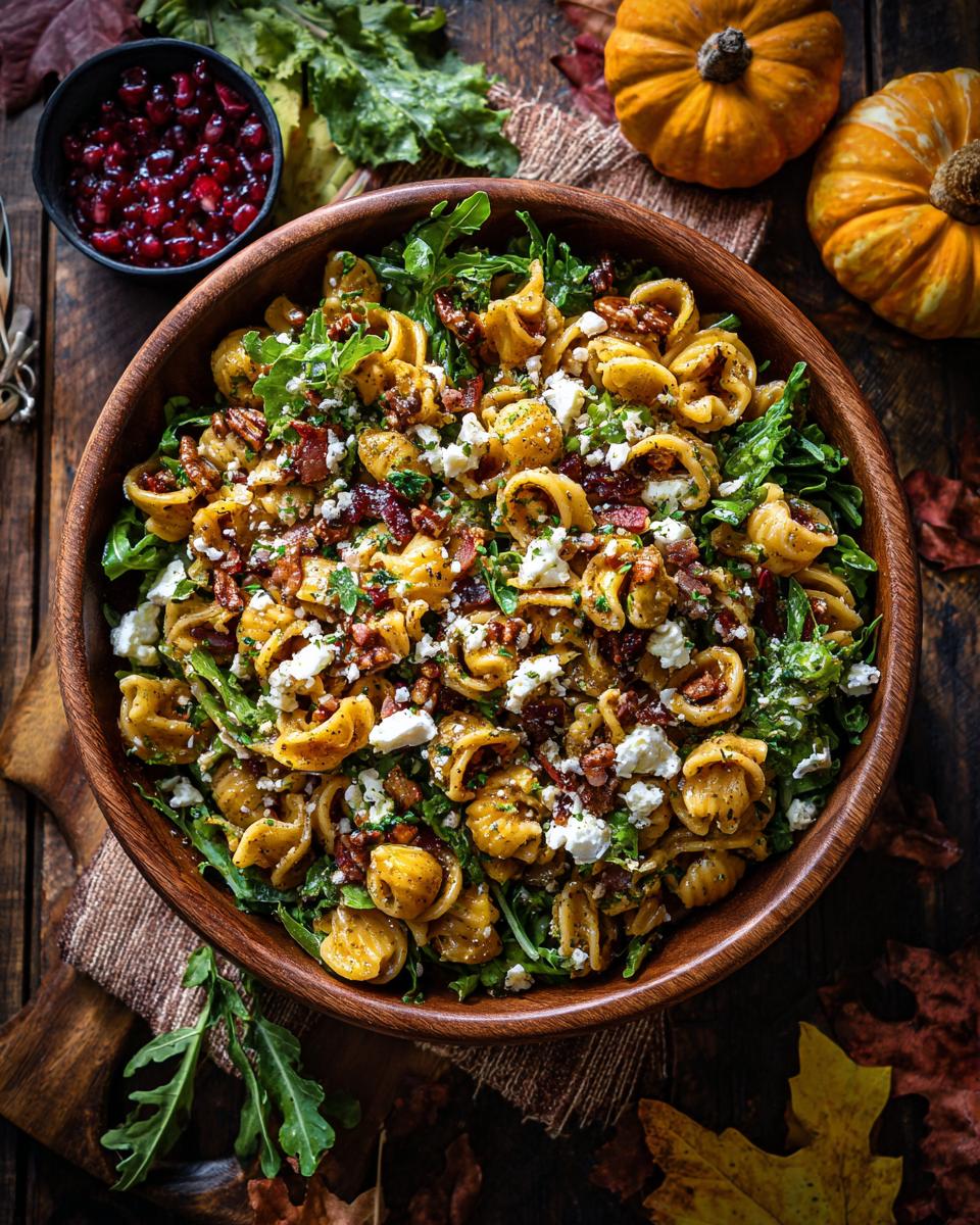 A wooden bowl filled with a hearty fall pasta salad, featuring pasta, arugula, crumbled feta, and bacon bits.