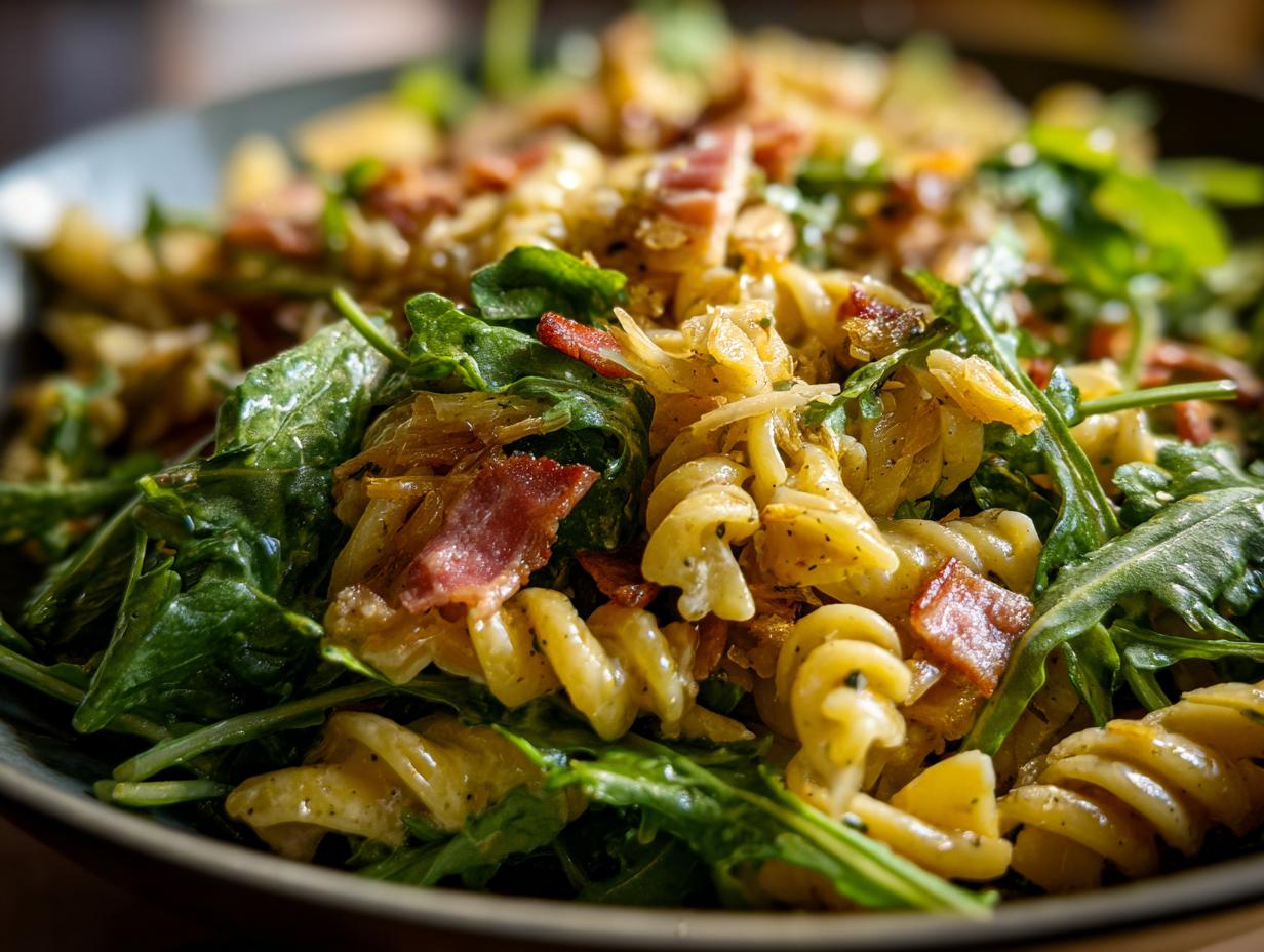 A close-up of a fall pasta salad featuring rotini pasta, crispy bacon, and fresh greens.