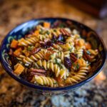 A close-up of a vibrant fall pasta salad in a decorative bowl, featuring fusilli pasta, diced butternut squash, pecans, and dried cranberries.