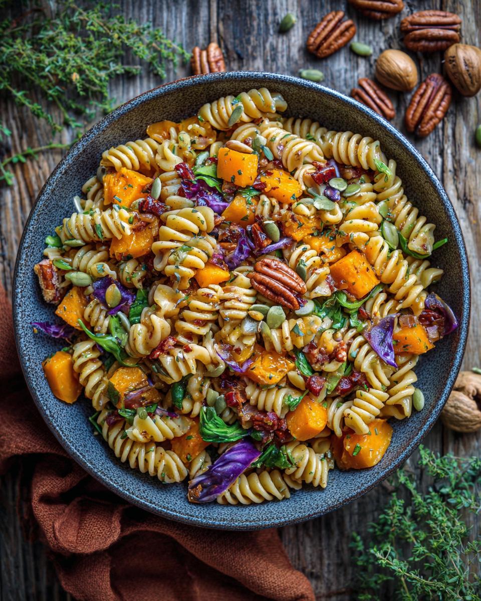 A close-up overhead view of a rustic bowl filled with a hearty fall pasta salad, featuring fusilli pasta, roasted butternut squash, pecans, and pumpkin seeds.