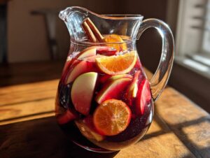 A clear glass pitcher filled with red fall sangria, featuring apple slices, orange slices, and cinnamon sticks.