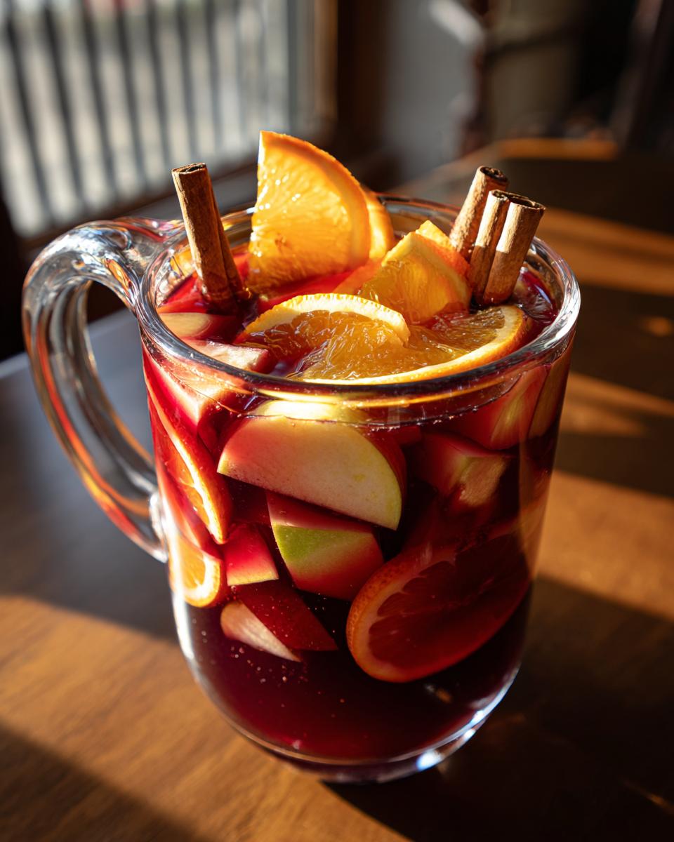 A pitcher of fall sangria filled with sliced apples, oranges, and cinnamon sticks, ready to be enjoyed.