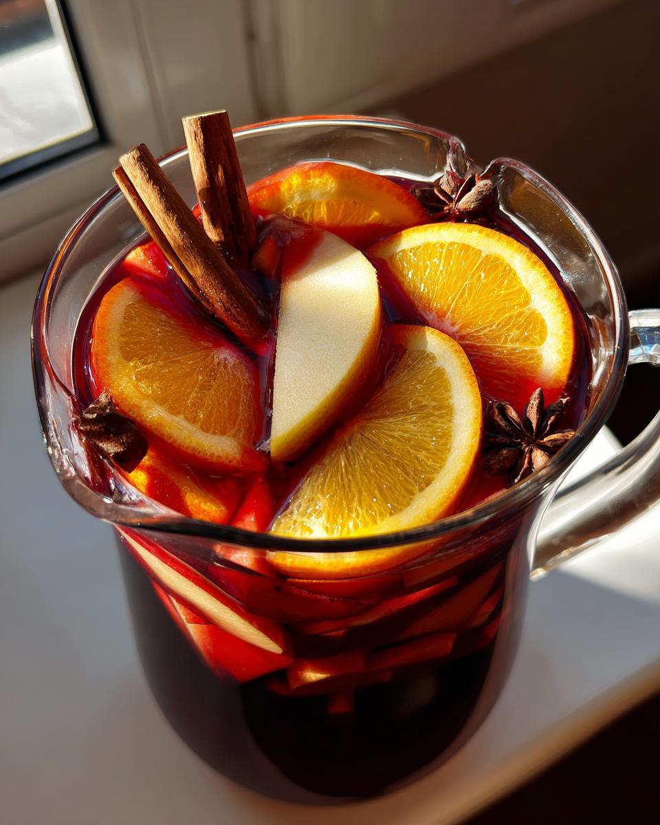 A clear glass pitcher filled with vibrant red fall sangria, featuring slices of oranges, apples, cinnamon sticks, and star anise.