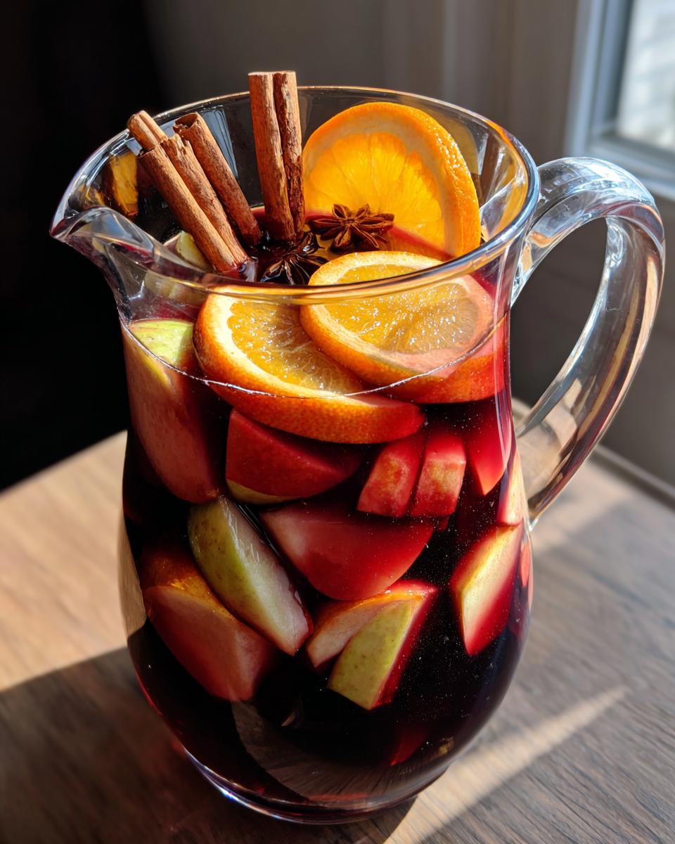 A pitcher filled with delicious fall sangria, featuring sliced apples, pears, oranges, cinnamon sticks, and star anise.