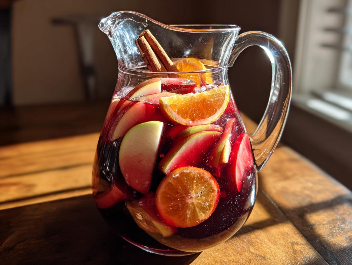 A clear glass pitcher filled with red fall sangria, featuring apple slices, orange slices, and cinnamon sticks.