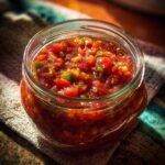 Close-up of a glass jar filled with vibrant fresh tomato canned salsa, showing chunks of tomatoes and peppers.
