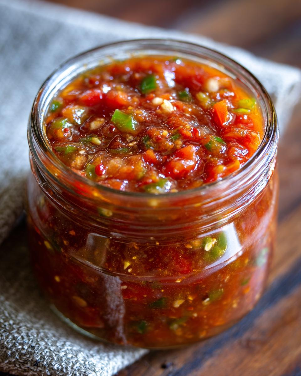 Close-up of a glass jar filled with vibrant fresh tomato canned salsa, showing chopped tomatoes, peppers, and spices.