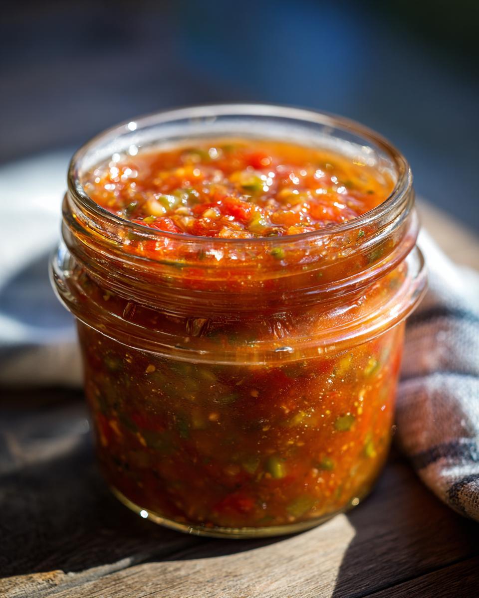 A close-up shot of a glass jar filled with vibrant fresh tomato canned salsa, showcasing chunks of tomatoes and peppers.