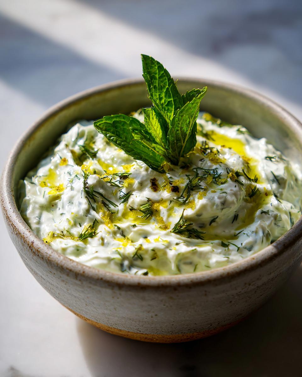 A close-up of creamy Tzatziki sauce in a rustic bowl, garnished with fresh mint, dill, lemon zest, and olive oil.