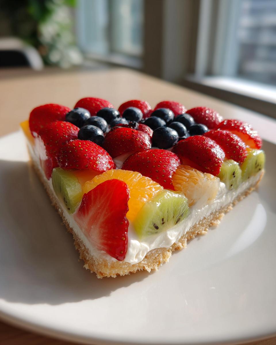 A slice of fruit pizza sugar cookie topped with fresh strawberries, blueberries, kiwi, and oranges.