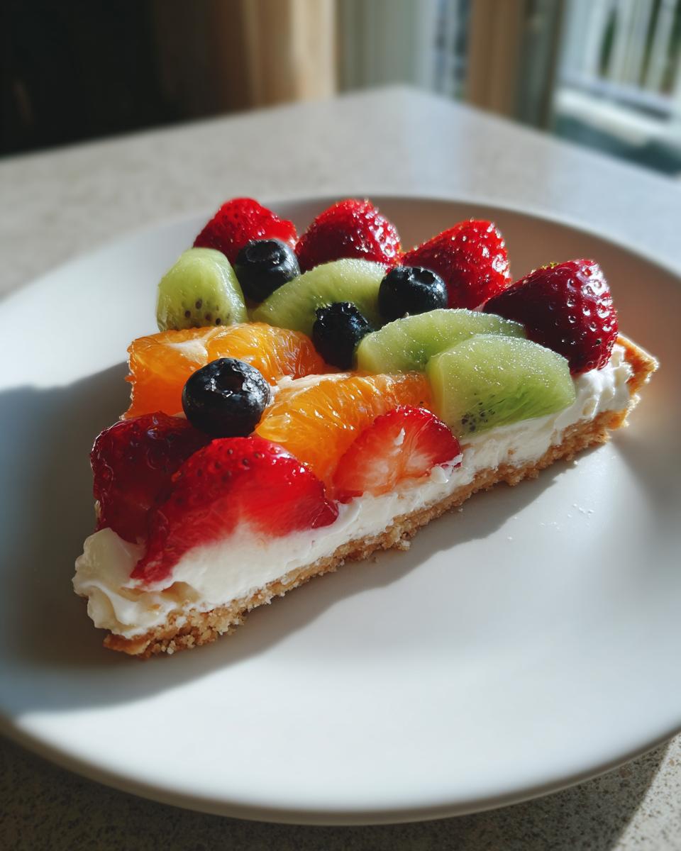 A slice of fruit pizza sugar cookie topped with fresh strawberries, blueberries, kiwi, and orange segments.
