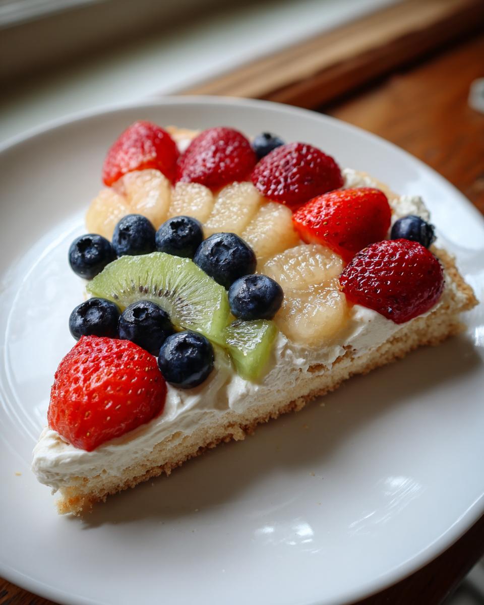 A slice of fruit pizza sugar cookie topped with cream cheese frosting and fresh strawberries, blueberries, kiwi, and pineapple.