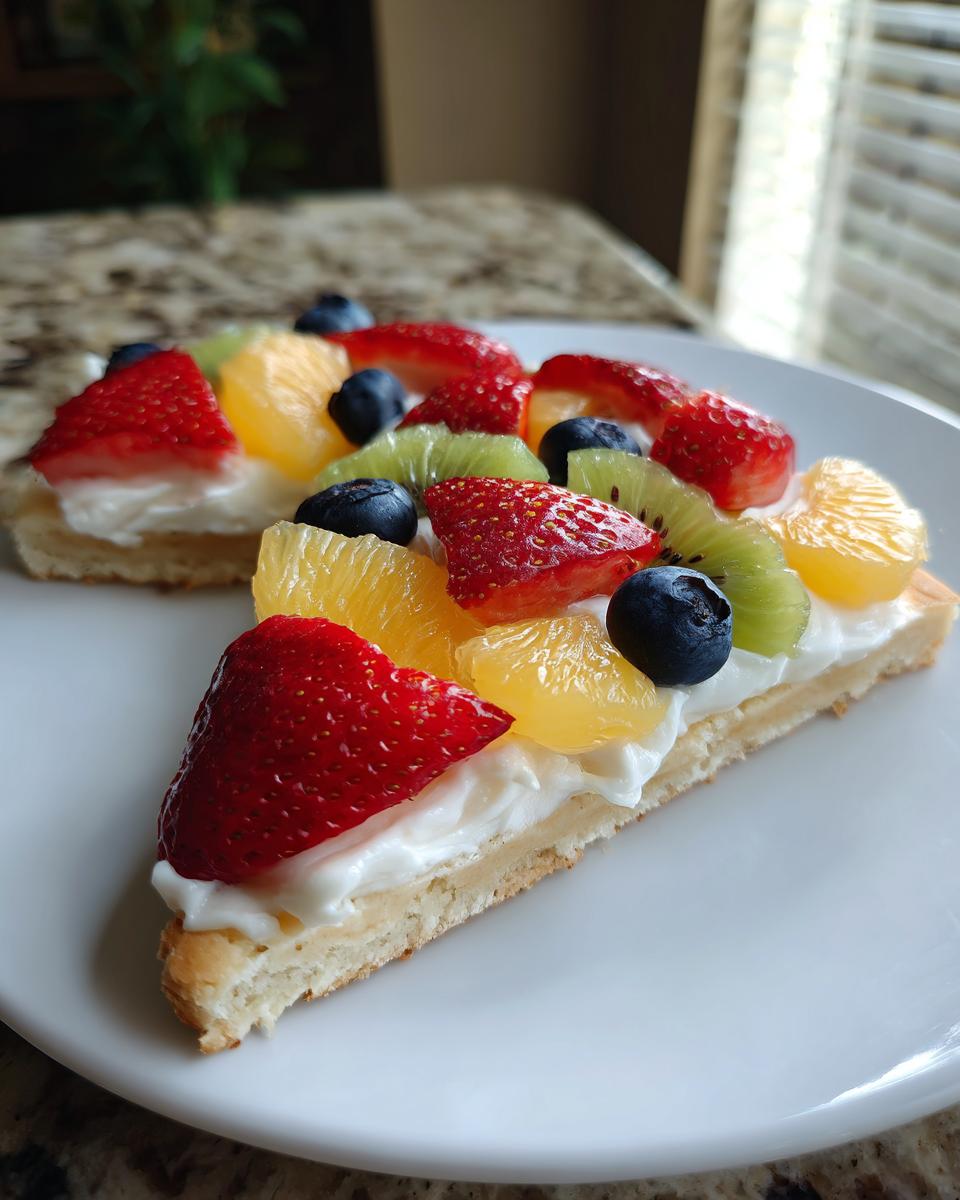 Two slices of fruit pizza sugar cookie topped with cream cheese frosting and fresh strawberries, kiwi, blueberries, and oranges.