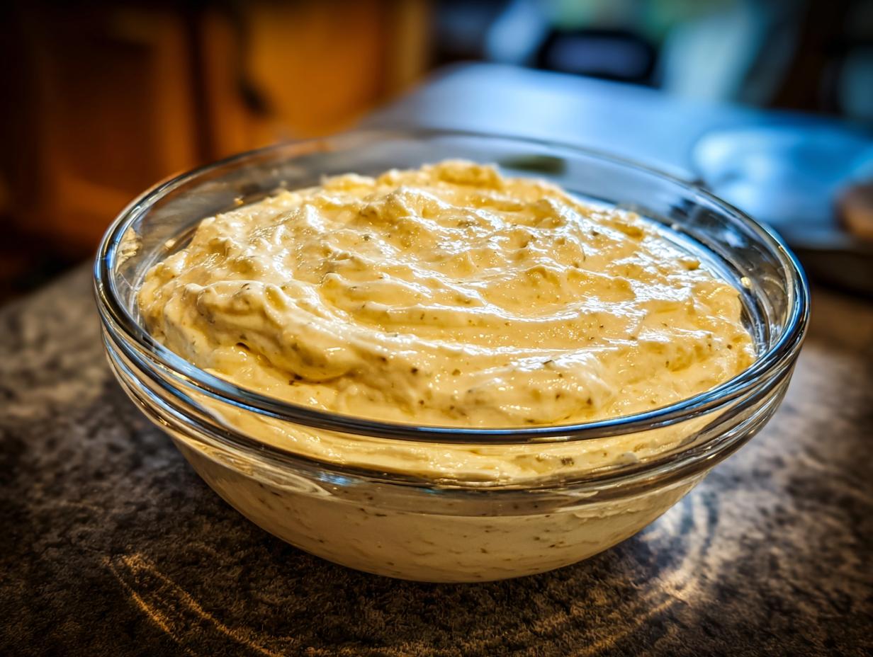 A close-up of a glass bowl filled with creamy garlic aioli, showing its rich texture.