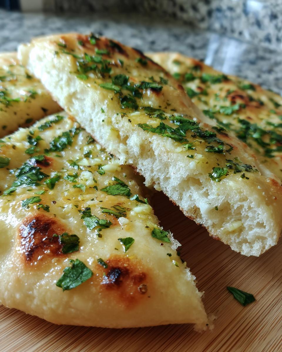 Close-up of a piece of soft, fluffy garlic naan bread topped with melted butter, garlic pieces, and fresh parsley.