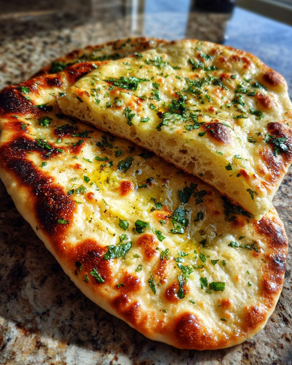 Close-up of soft, fluffy garlic naan bread topped with melted butter and fresh chopped parsley.
