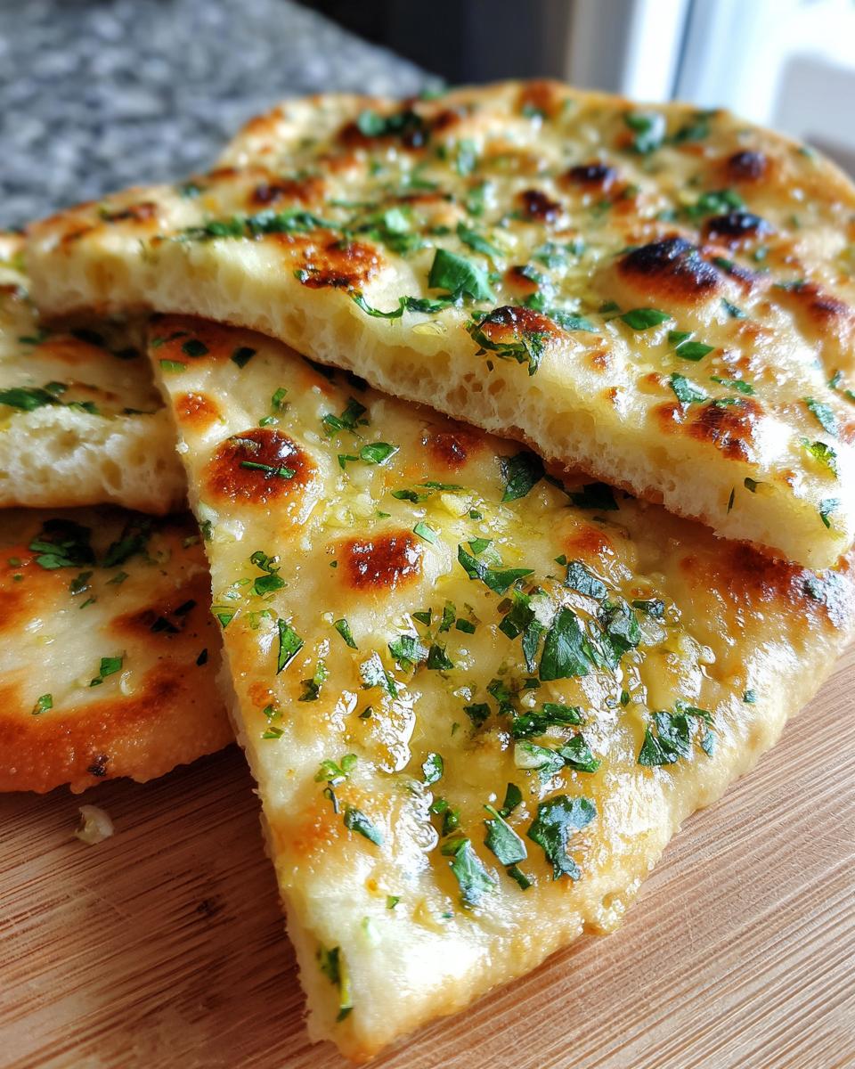 Close-up of fluffy garlic naan bread topped with melted butter, minced garlic, and chopped parsley.