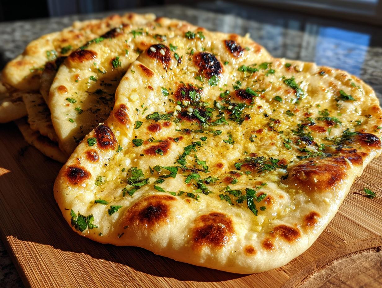 Close-up of freshly baked garlic naan bread, brushed with melted butter and sprinkled with fresh parsley.