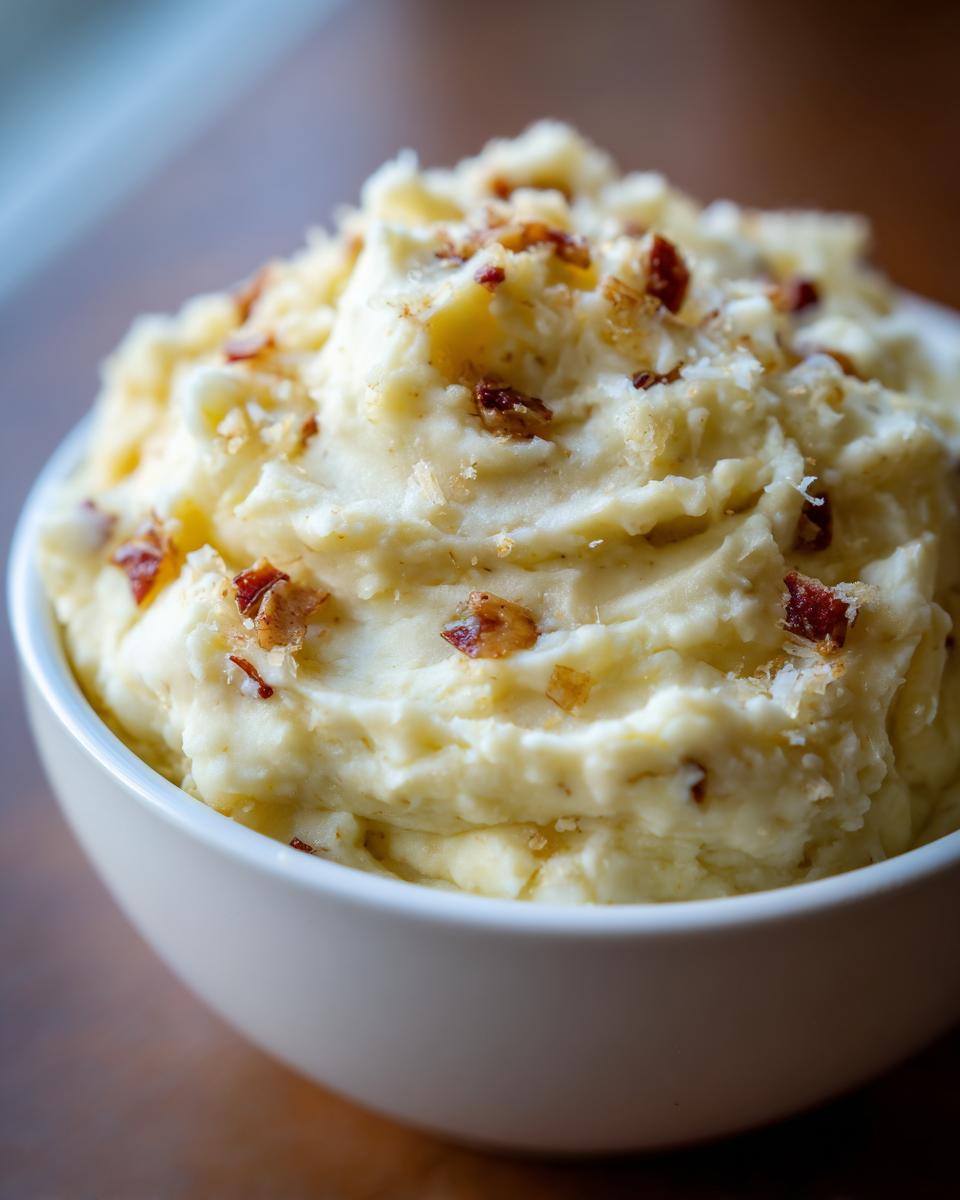 A close-up of a white bowl filled with creamy garlic parmesan mashed potatoes, topped with crispy bacon bits.