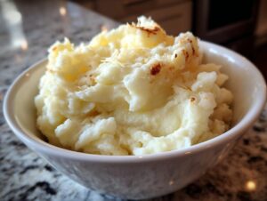 A close-up of fluffy garlic parmesan mashed potatoes served in a white bowl, with hints of browned butter.