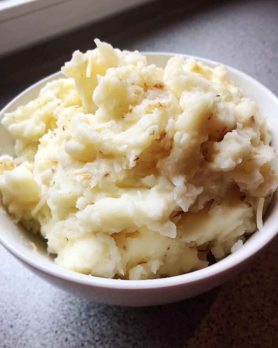 Close-up of a bowl filled with fluffy garlic parmesan mashed potatoes, showing texture and hints of cheese.