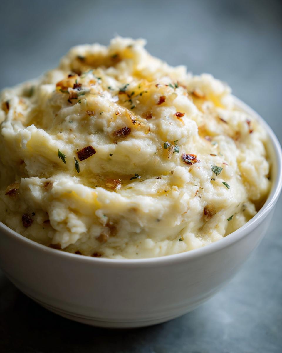 A close-up of a white bowl filled with creamy garlic parmesan mashed potatoes, topped with melted butter and herbs.