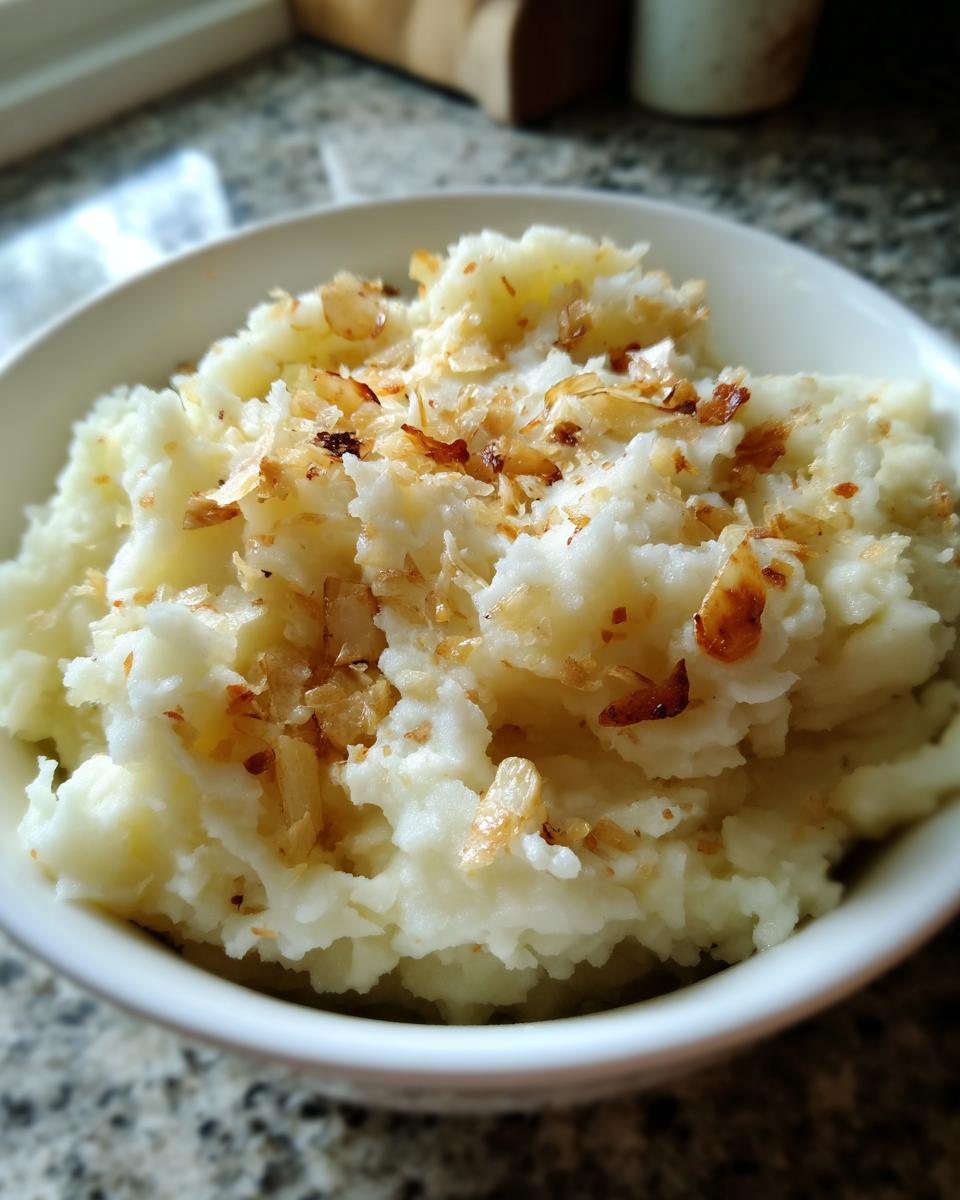 Close-up of creamy garlic parmesan mashed potatoes topped with crispy fried garlic bits.