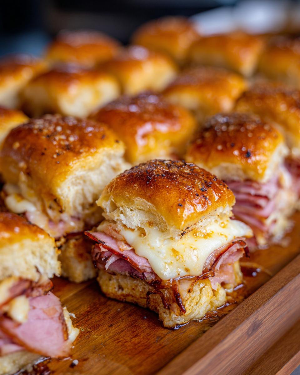 Close-up of gooey Ham and Cheese Sliders on a wooden tray, with melted cheese oozing out.