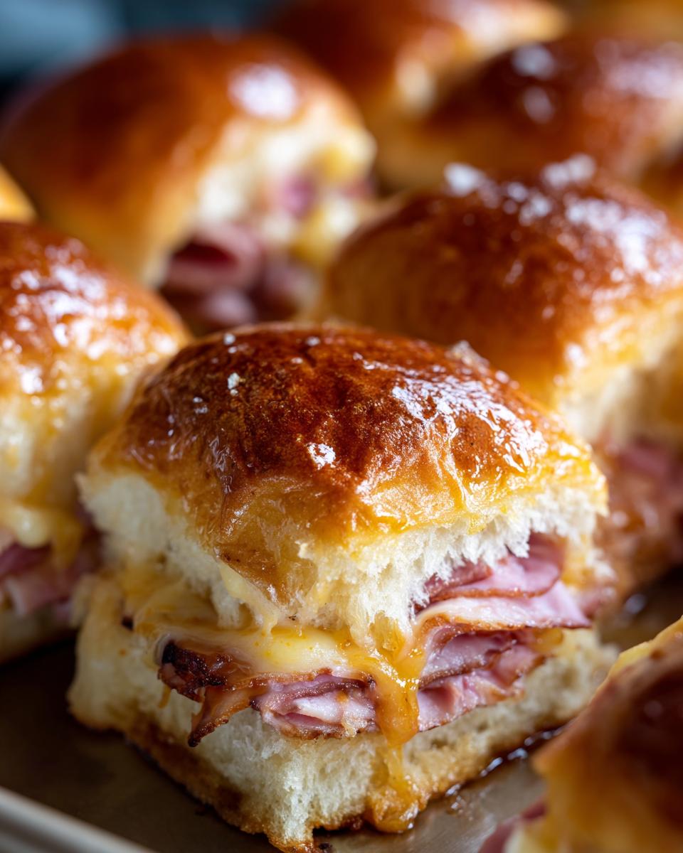 Close-up of a delicious Ham and Cheese Slider with melted cheese and layers of ham on a soft bun.