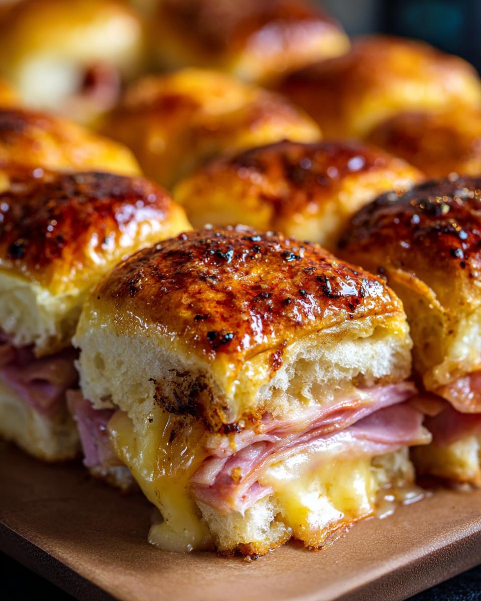 Close-up of delicious ham and cheese sliders with melted cheese oozing out.