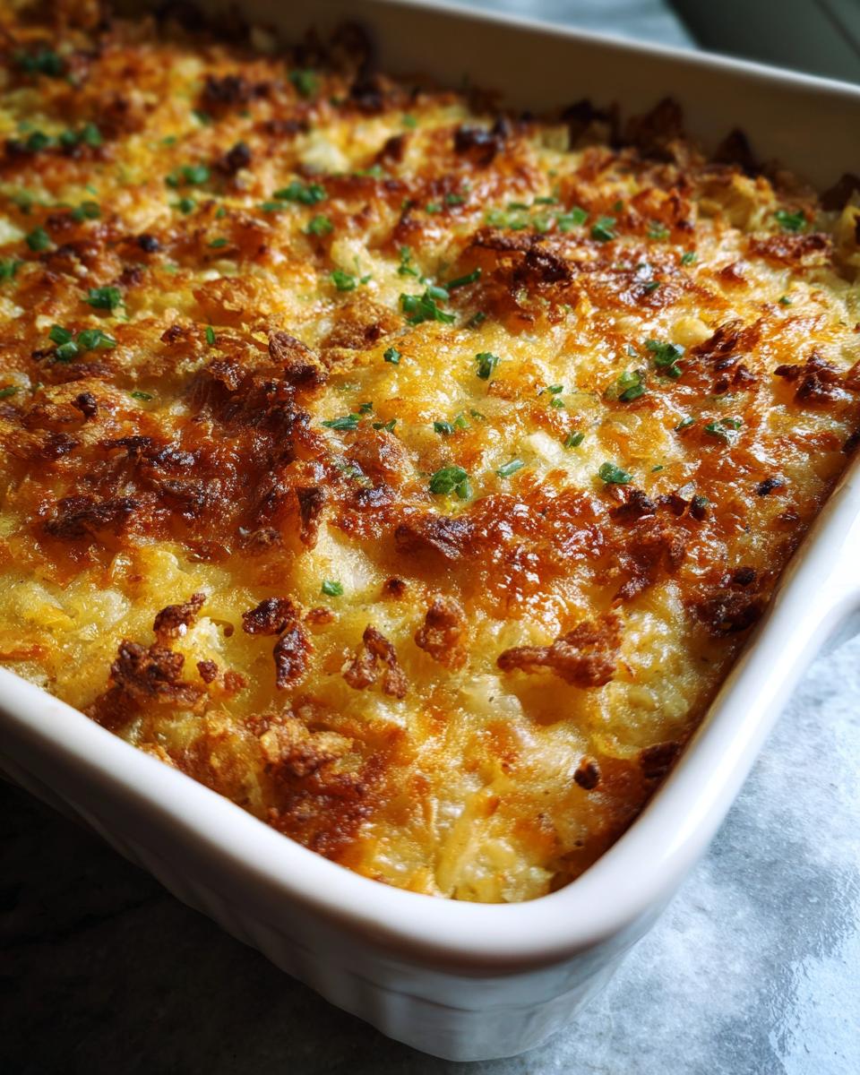 Close-up of a freshly baked hashbrown casserole in a white baking dish, topped with golden brown crispy bits and chives.