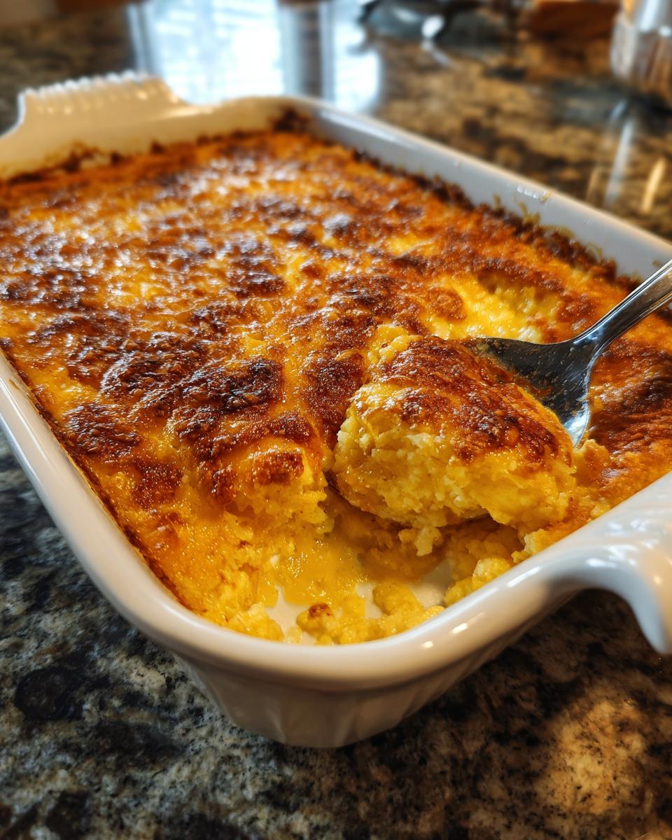 A spoonful of golden brown, cheesy hashbrown casserole being lifted from a white baking dish.