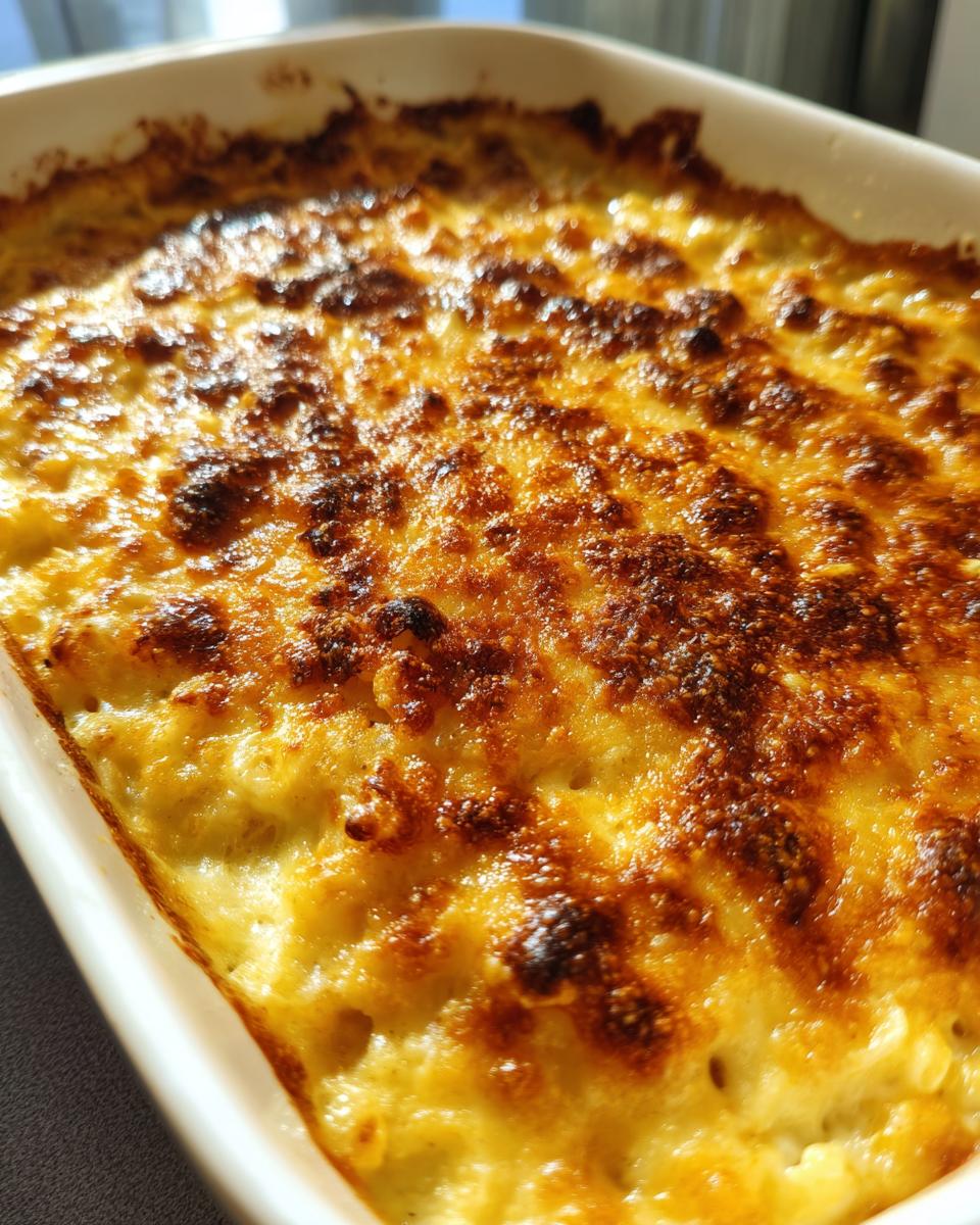 Close-up of a golden brown, bubbly hashbrown casserole in a white baking dish, fresh from the oven.