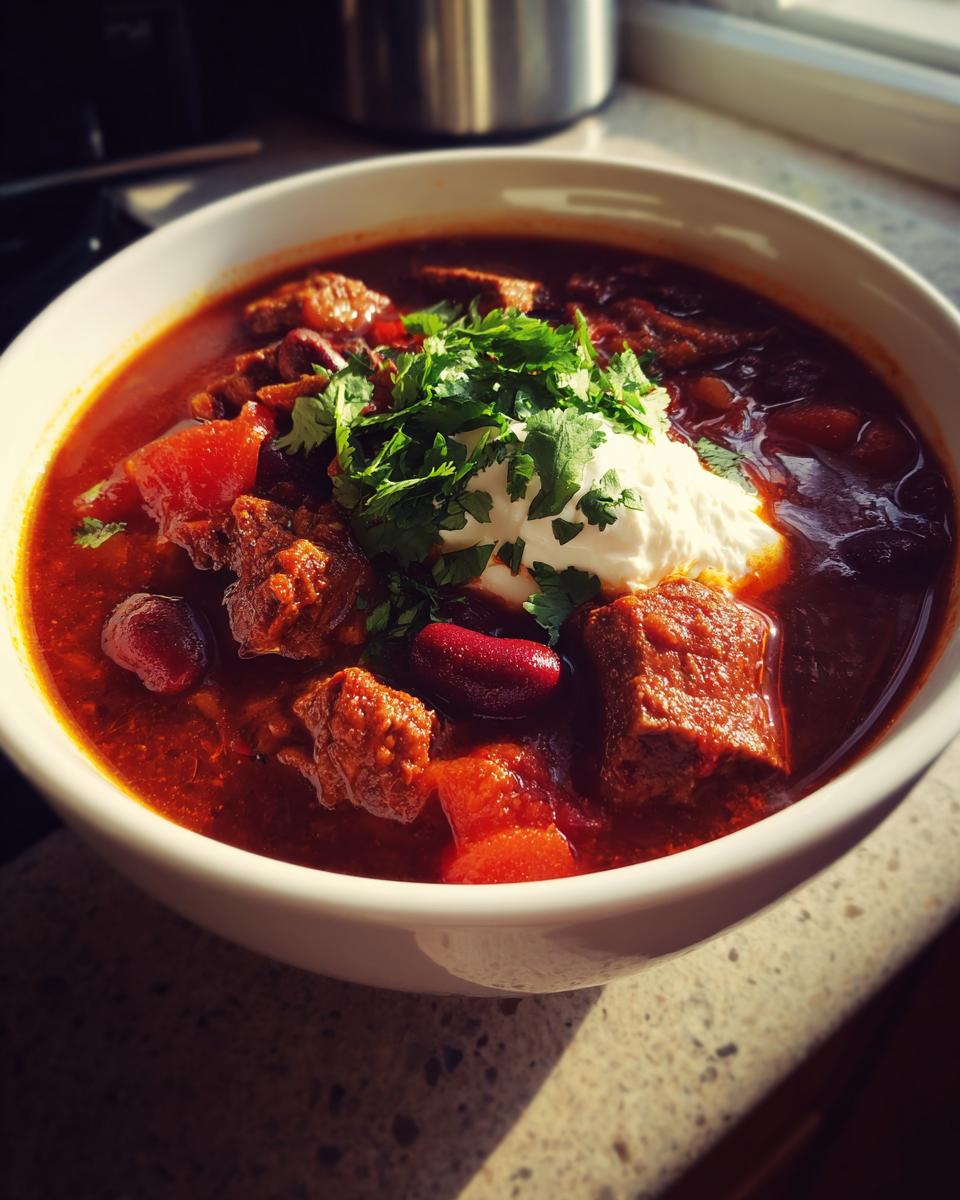 A close-up of a bowl of hearty beef chili, topped with a dollop of sour cream and fresh cilantro.