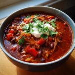 A close-up of a bowl of hearty chili, topped with sour cream and fresh cilantro.