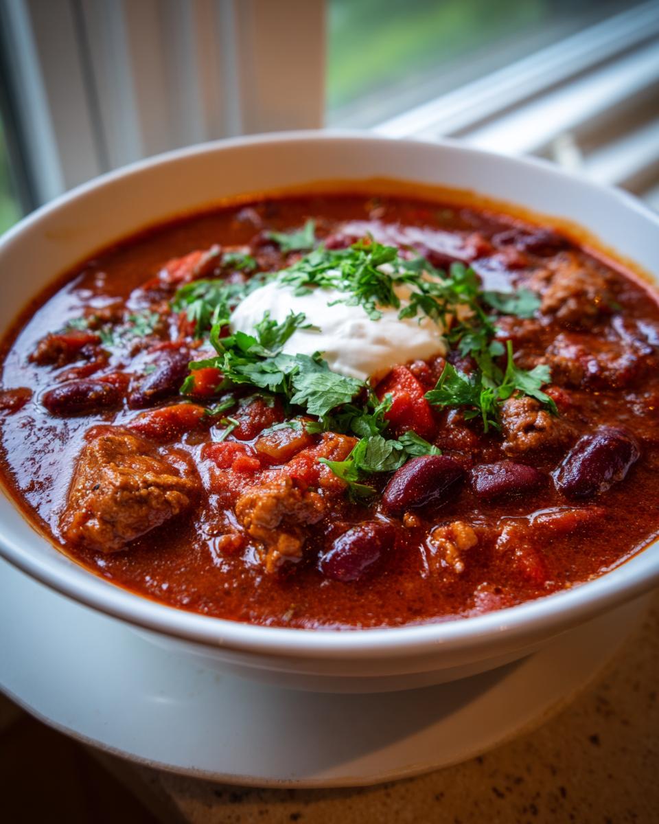 A close-up of a bowl of hearty chili topped with sour cream and fresh cilantro.