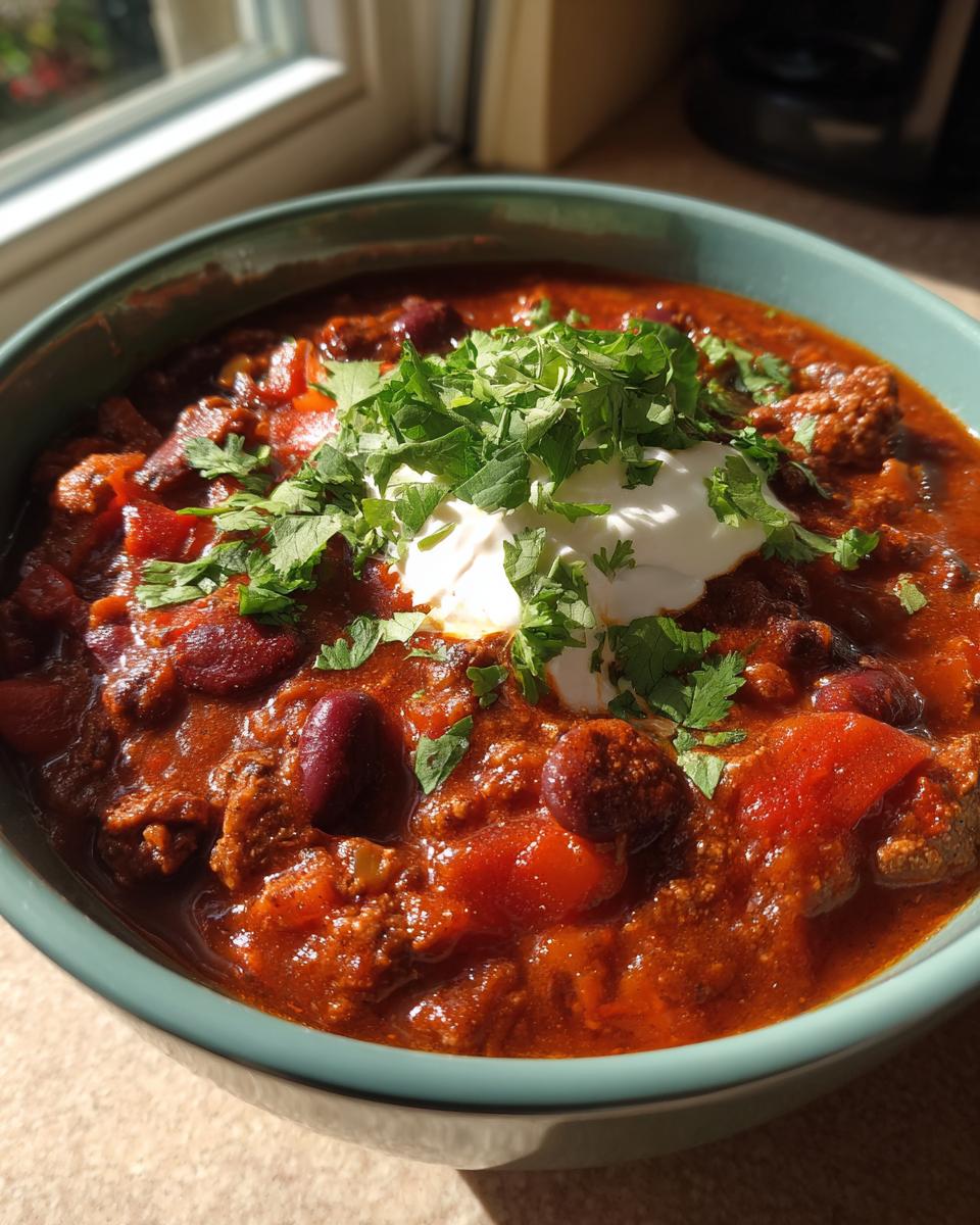 A close-up of a bowl of hearty chili topped with sour cream and fresh cilantro.