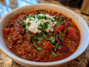 A close-up of a steaming bowl of hearty chili topped with sour cream and fresh cilantro.
