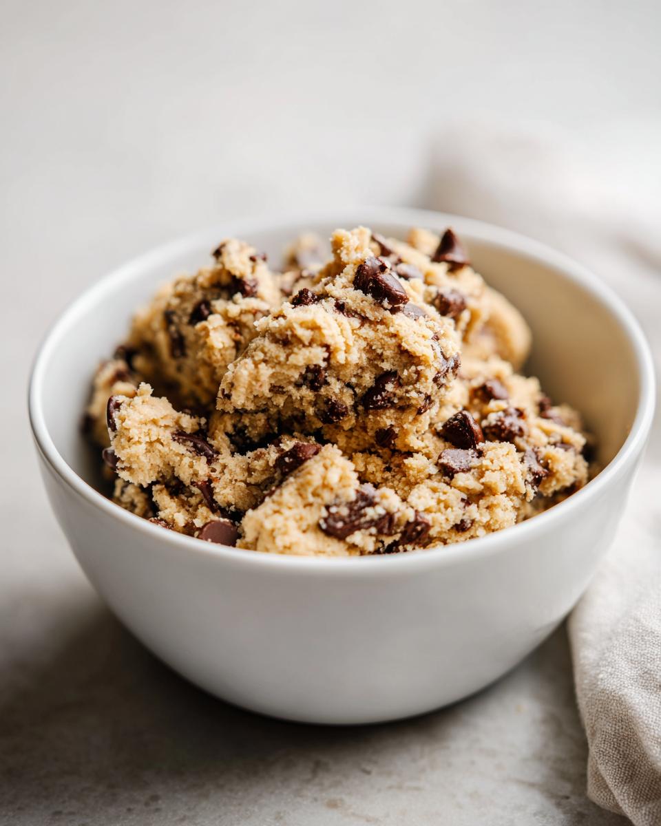 A white bowl filled with chunky high protein cookie dough studded with dark chocolate chips.