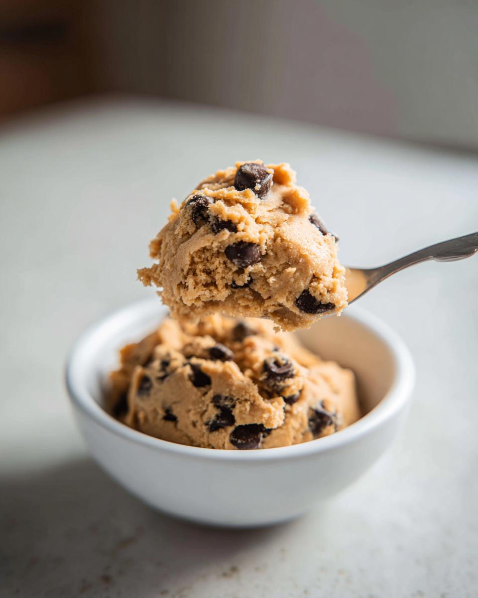 A spoonful of delicious high protein cookie dough packed with chocolate chips, ready to be enjoyed.