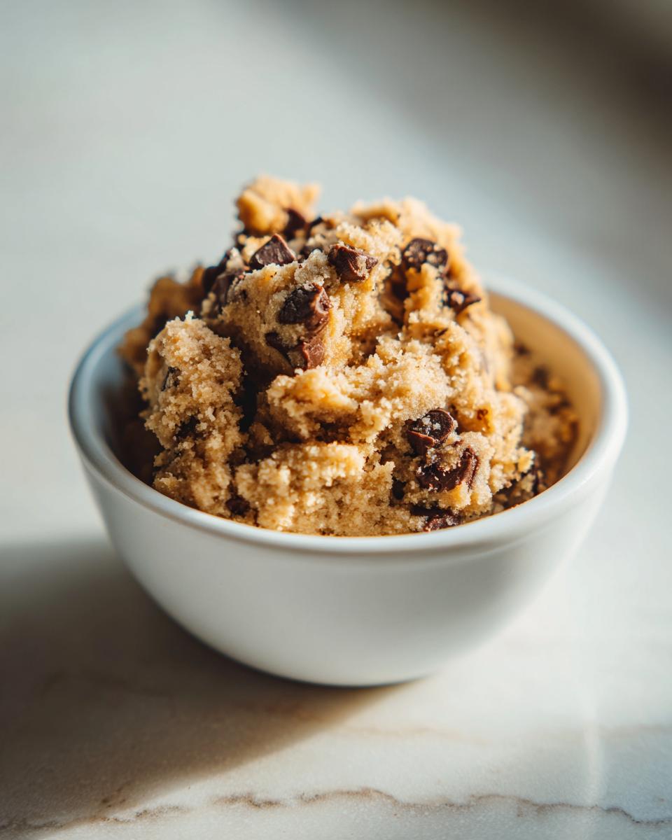 A bowl of delicious high protein cookie dough loaded with chocolate chips.