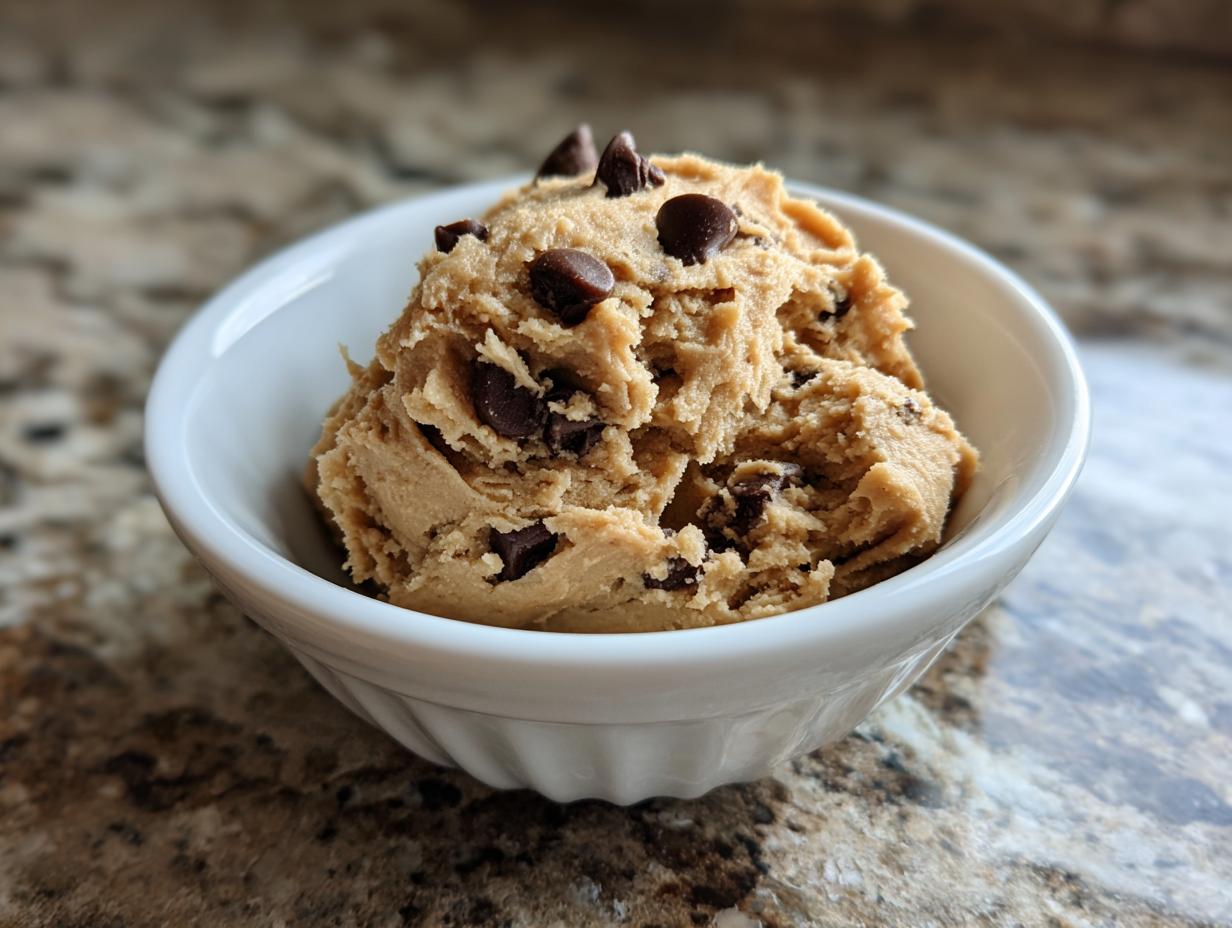 A white bowl filled with creamy high protein cookie dough studded with dark chocolate chips.