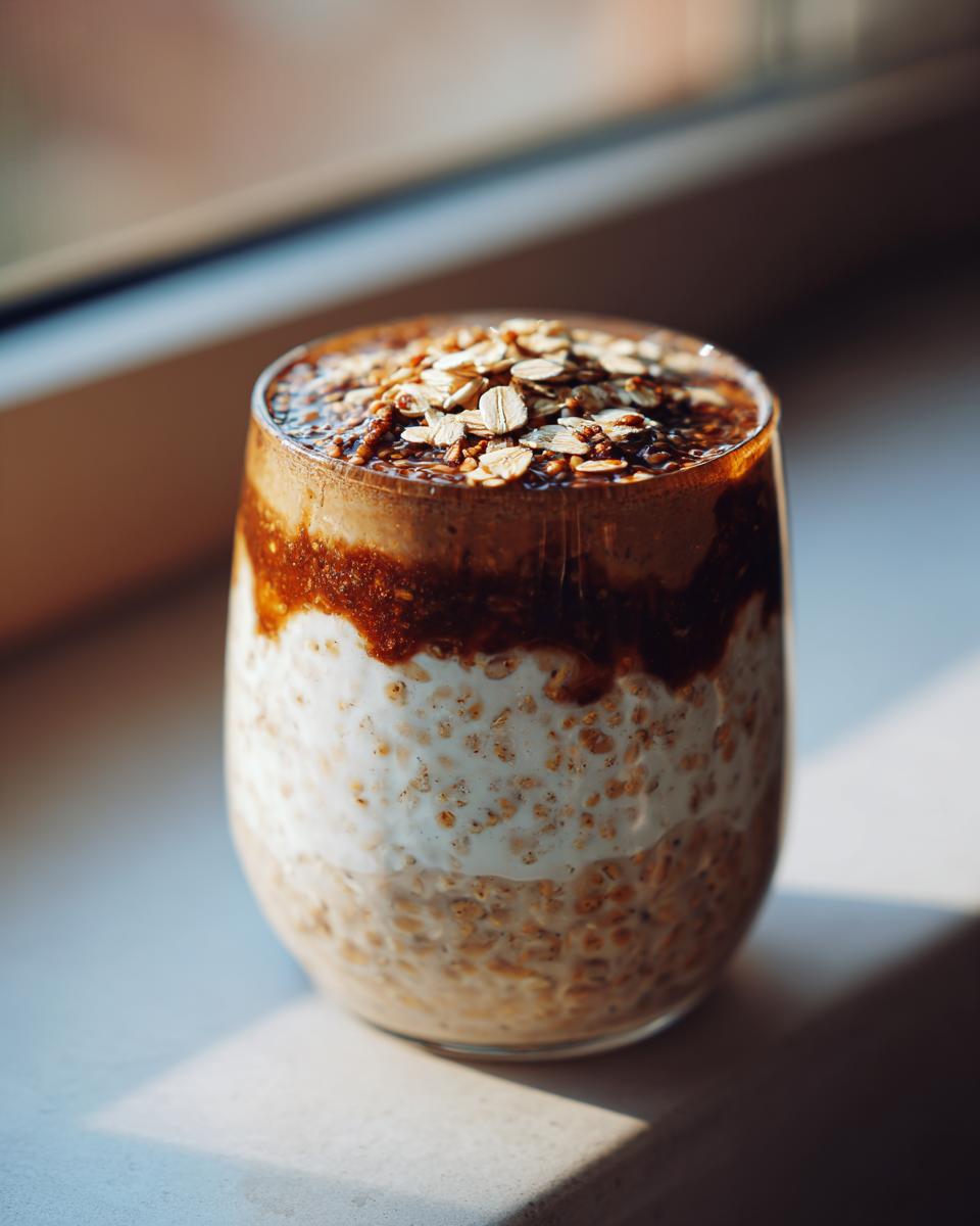Close-up of high protein overnight oats layered in a glass, topped with oats and a swirl of nut butter.
