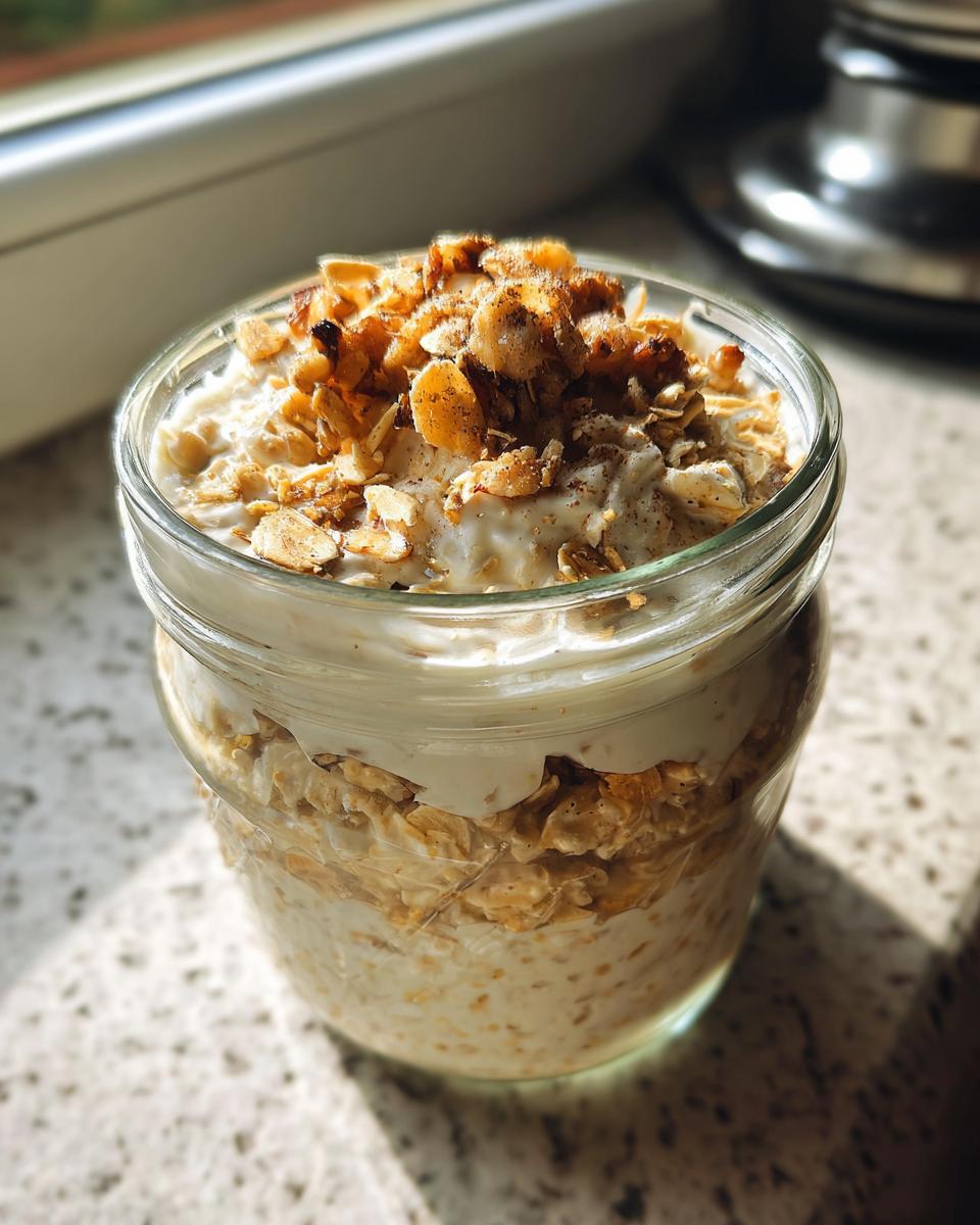 Close-up of high protein overnight oats in a glass jar, topped with yogurt and crunchy nuts.